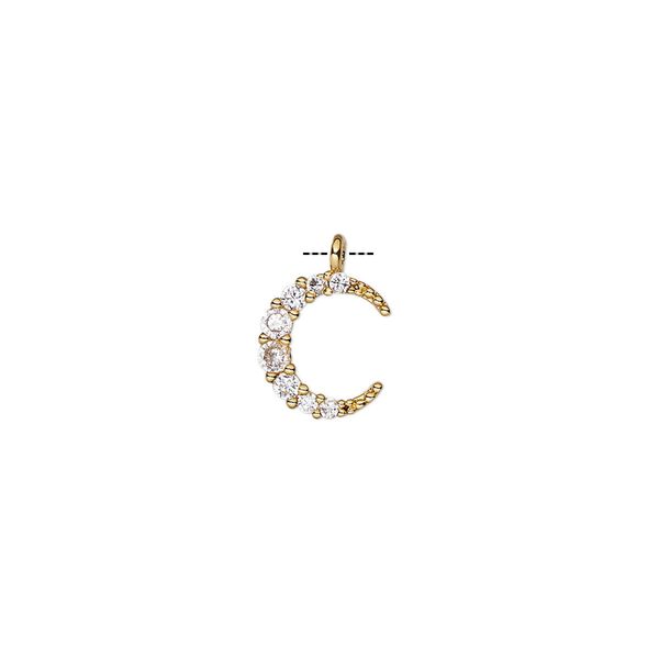 Charm, cubic zirconia and gold-finished brass, clear, 10x8.5mm single-sided moon. Sold individually. image number 0