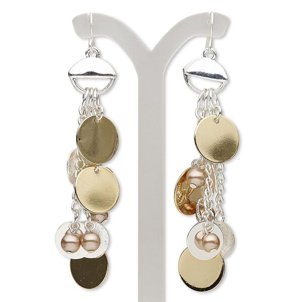 Earring, acrylic with gold- and silver-finished steel, brown, 3-1/4 inches with flat round and fishhook ear wire. Sold per pair. image number 0