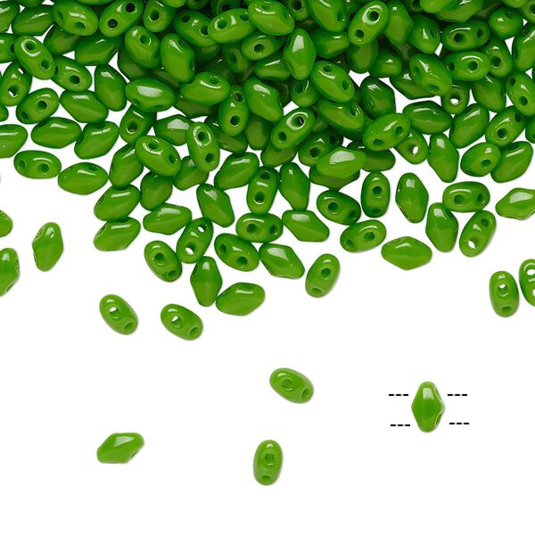 Bead, Preciosa Mini Twin™, Mini Pressed Twin, Czech pressed glass, opaque candy green, 4x2.5mm oval with (2) 0.7mm holes. Sold per 10-gram pkg. image number 0