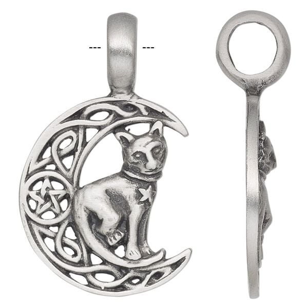 Pendant, Powerful Pewter Pendants, antiqued pewter (tin-based alloy), 41x25mm single-sided moon with cat. Sold individually. image number 0