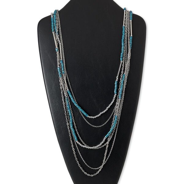Necklace, painted wood / silver-coated plastic / imitation rhodium-plated steel / brass, blue, flat round, 32 inches with 2-inch extender chain and lobster claw clasp. Sold individually. image number 0