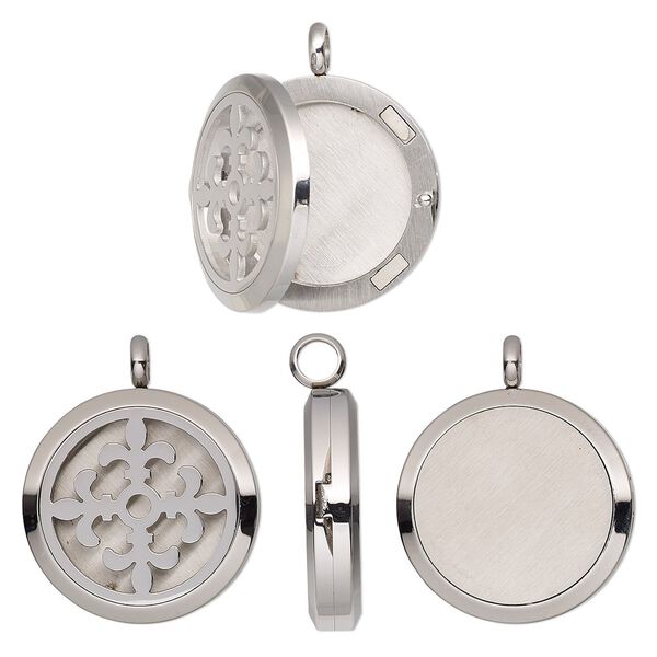 Pendant, stainless steel, 37x30mm single-sided hinged round locket with cutout fleur-de-lis and magnetic closure. Sold individually. image number 0