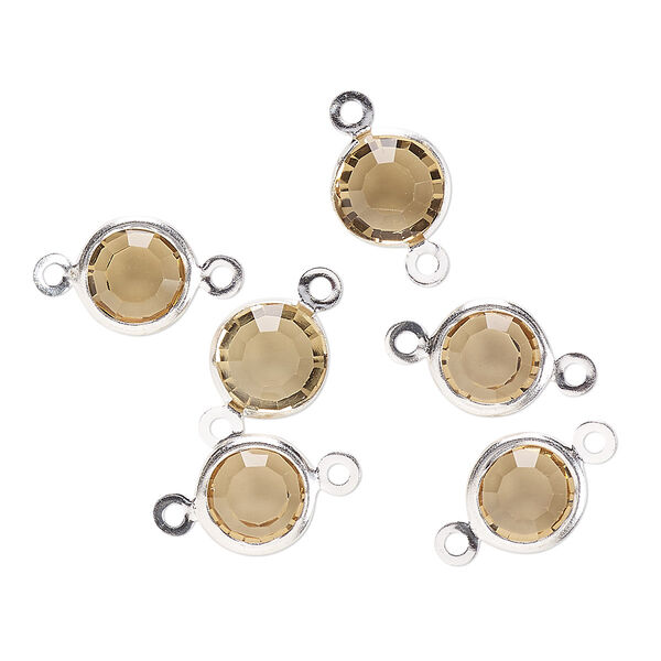 Link, glass rhinestone and silver-finished brass, topaz yellow, 8-9mm faceted round. Sold per pkg of 6. image number 0