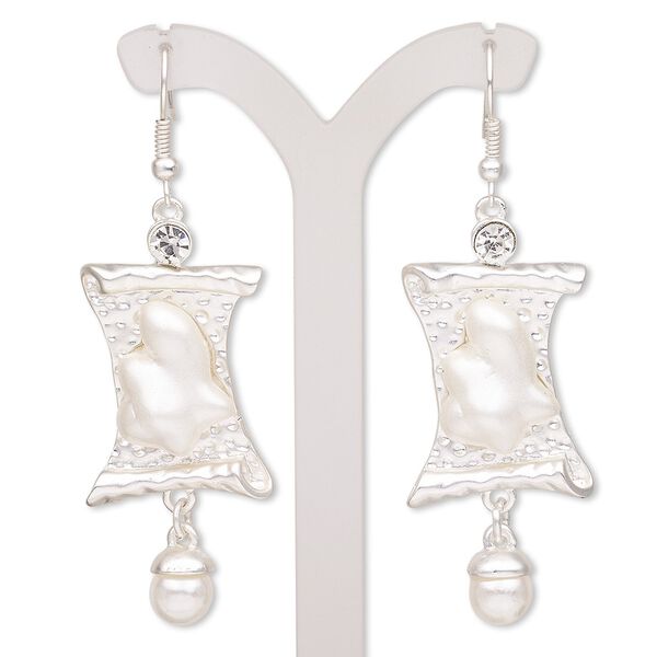 Earring, acrylic / glass rhinestone / silver-finished brass / "pewter" (zinc-based alloy), clear and white, 2-1/2 inches with scroll and fishhook ear wire. Sold per pair. image number 0