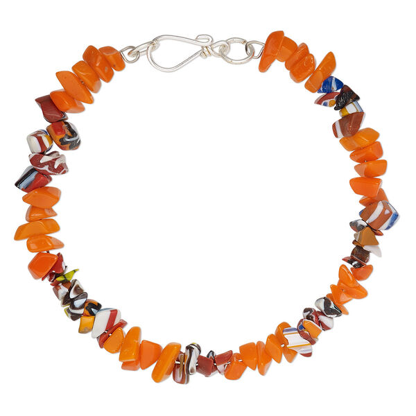 Bracelet, glass / chevron glass / steel memory wire, orange and multicolored, 7.5mm wide chip, 7-1/2 inches with hook clasp. Sold individually. image number 0