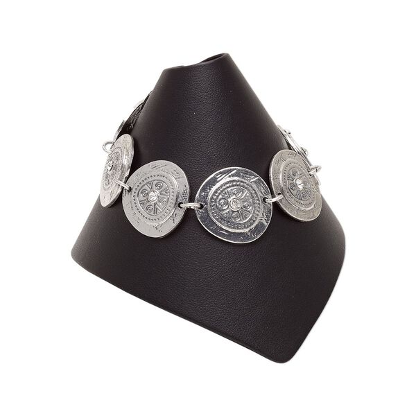 Bracelet, rhinestone with antique silver-plated steel and "pewter" (zinc-based alloy), clear, 26mm irregular flat round, 6-1/2 inches with 2-inch extender chain and lobster claw clasp. Sold individually. image number 0