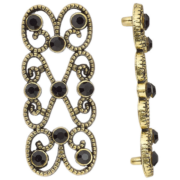 Spacer, antiqued gold-finished "pewter" (zinc-based alloy) and Czech glass rhinestone, black, 39x18mm 2-strand fancy rectangle. Sold per pkg of 4. image number 0