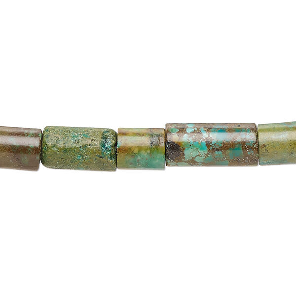 Bead, turquoise (dyed / stabilized), green-brown, 6x5mm-16x7mm round tube with 0.8-1.1mm hole, C- grade, Mohs hardness 5 to 6. Sold per 15-1/2" to 16" strand. image number 0
