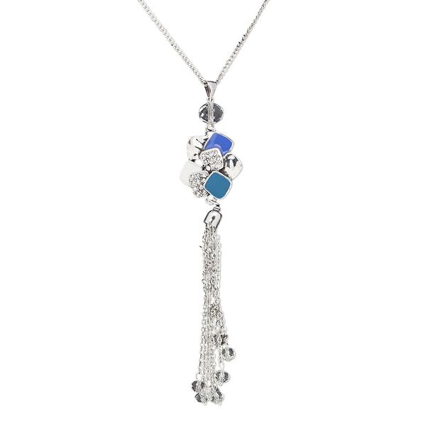 Necklace, glass rhinestone / enamel / glass / silver-plated steel / "pewter" (zinc-based alloy), multicolored, 5-inch dangle with freeform, 32 inches with 2-inch extender chain and lobster claw clasp. Sold individually. image number 0
