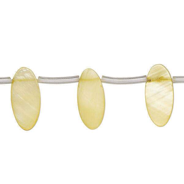 Bead, mother-of-pearl shell (dyed), yellow, 15x5mm-16x7mm top-drilled flat oval, Mohs hardness 3-1/2. Sold per 15-inch strand, approximately 25 beads. image number 0