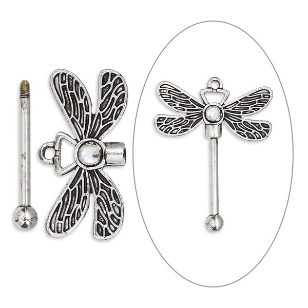 Focal, bead pin, glass rhinestone / antique silver-finished brass / "pewter" (zinc-based alloy), clear, 48x38.5mm single-sided dragonfly with twist-off top, 24.5mm beadable length. Sold individually. image number 0