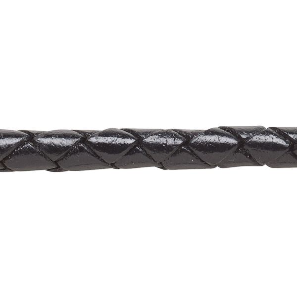 Bolo cord, leather (dyed), black, 6-6.5mm braided round. Sold per 5-foot section. image number 0