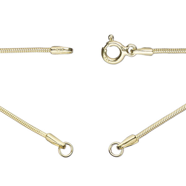 Sterling silver "vermeil" 1pkg1, 1.1mm snake chain necklace component, 16.75 inch / 5mm springring clasp / 3.5mm jump ring gold-plated image number 0