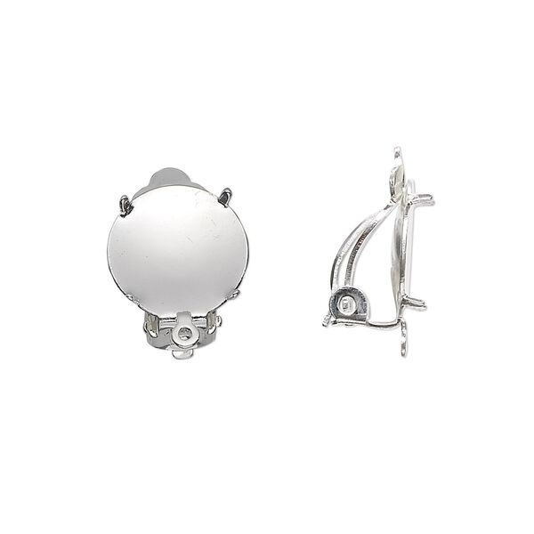 Earring clip-on 1pkg20 silver-plated, 13mm round flat pad / 12mm 4-prong round setting / closed loop, steel / brass 10 pair image number 0