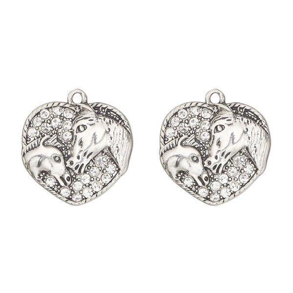 Charm, antique silver-finished "pewter" (zinc-based alloy) and glass, clear, 23x22mm single-sided heart with horses. Sold per pkg of 2. image number 0