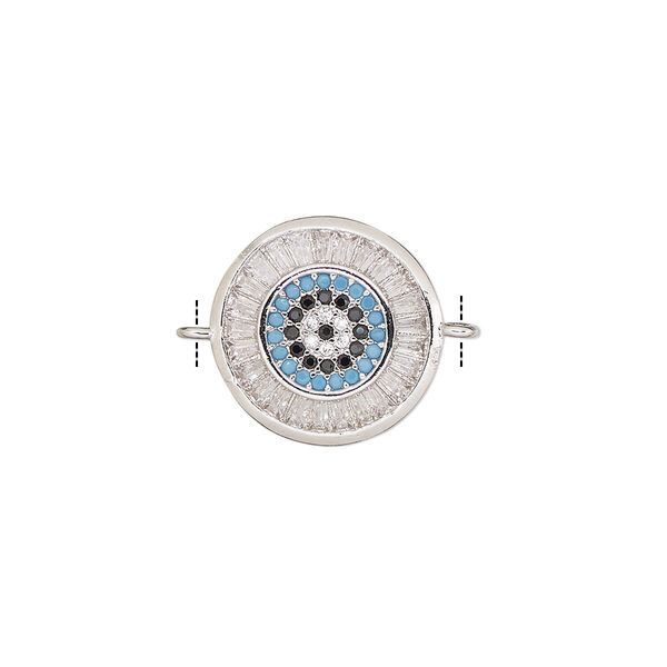 Link, cubic zirconia and silver-finished brass, clear / blue / black, 15mm single-sided round. Sold individually. image number 0