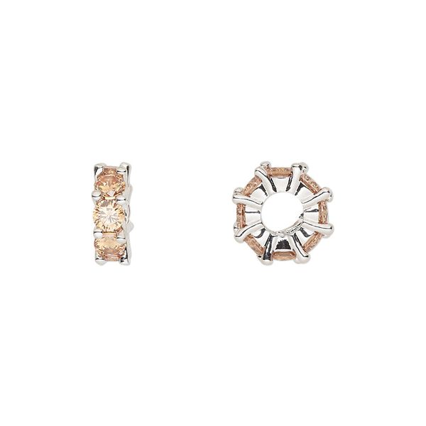 Bead, cubic zirconia and silver-plated brass, topaz, 10.5x3.5mm rondelle. Sold per pkg of 2. image number 0