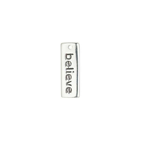 Drop, sterling silver and enamel, black, 17x6mm single-sided rectangle with "believe." Sold individually. image number 0