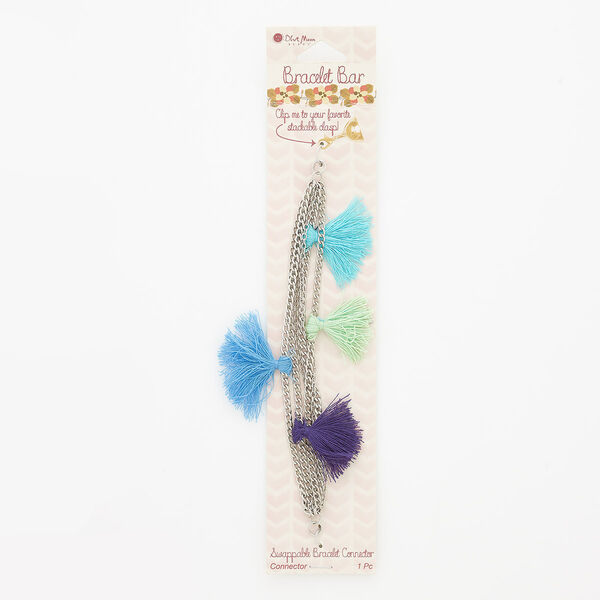 Bracelet component, 6-strand, cotton and silver-finished steel, multicolored, 18mm wide with tassels, 6 inches. Sold individually. image number 0