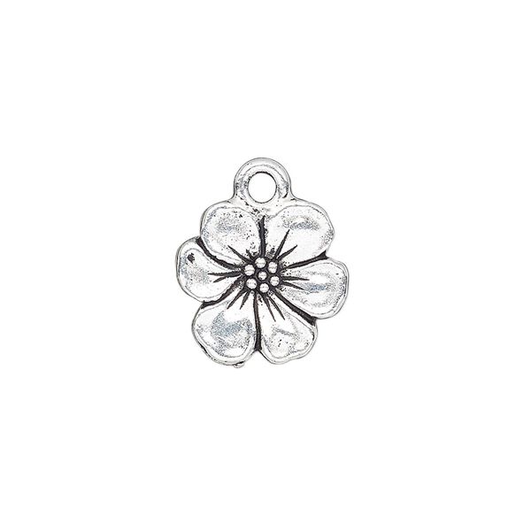Charm, TierraCast®, antique silver-plated pewter (tin-based alloy), 14mm double-sided flower. Sold per pkg of 2. image number 0