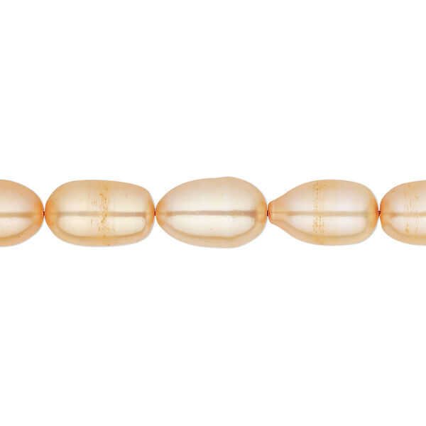 Pearl, cultured freshwater (dyed), apricot, 7-8mm rice, C grade, Mohs hardness 2-1/2 to 4. Sold per 16-inch strand. image number 0