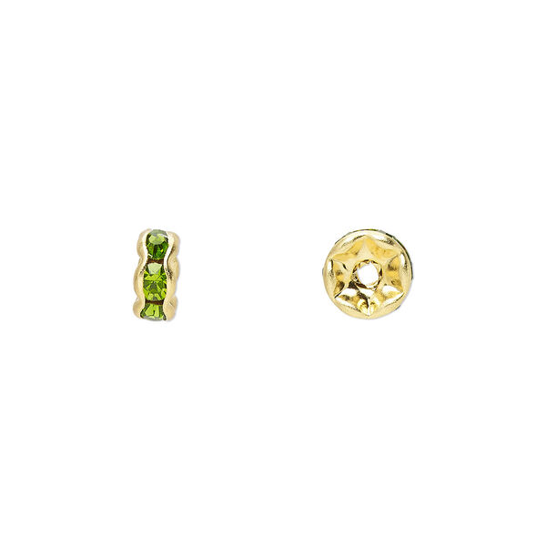 Bead, glass rhinestone and gold-finished brass, peridot green, 6x3mm rondelle. Sold per pkg of 10. image number 0