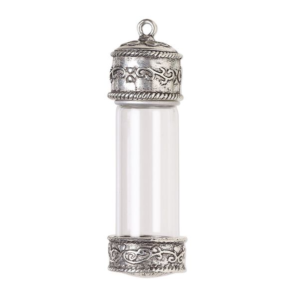 Focal, antique silver-finished "pewter" (zinc-based alloy) and glass, clear, 59.5x20.5mm bottle with twist off top and vine design. Sold individually. image number 0