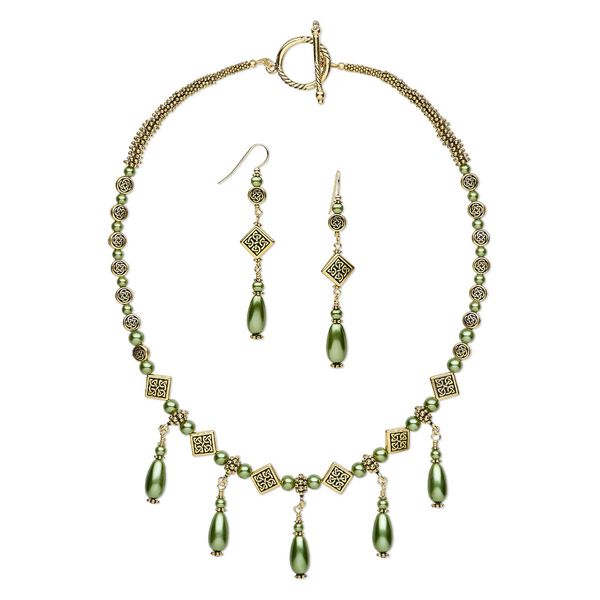 Necklace and earring set, One of a Kind Jewelry, antique gold-plated pewter (tin-based alloy) and glass, green pearl, 19-inch necklace. Only one available. image number 0