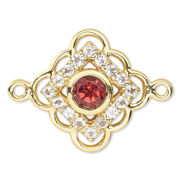 Link, garnet / white topaz (natural) / gold-finished sterling silver, 15x15mm diamond with cutouts. Sold individually. image number 0