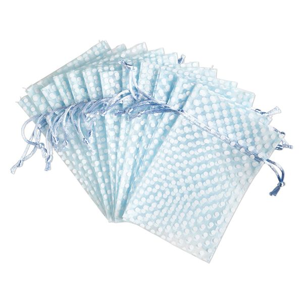 Pouch, organza, light blue and white, 6x4 inches with dots pattern and drawstring closure. Sold per pkg of 12. image number 0