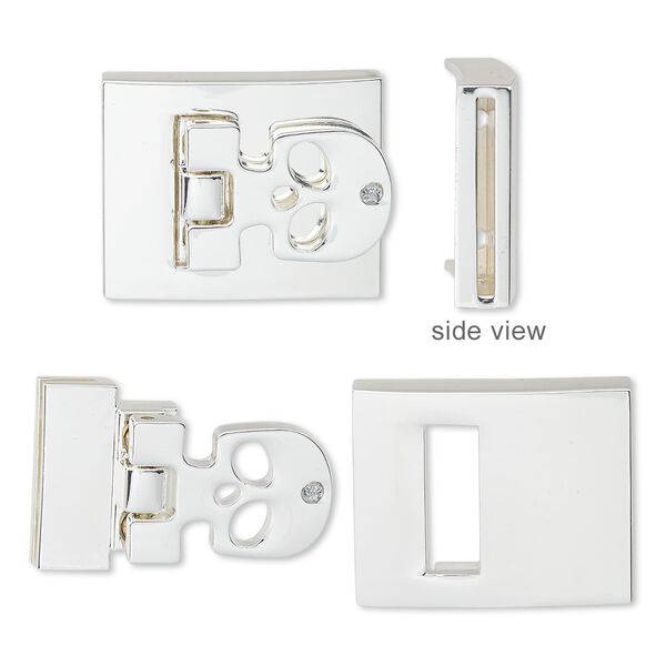 Clasp, hinged buckle, glass rhinestone / silver-finished steel / "pewter" (zinc-based alloy), clear, 29x23mm rectangle with skull and cutouts with glue-in ends and (6) micro screws, 20x1.5mm inside diameter. Sold individually. image number 0