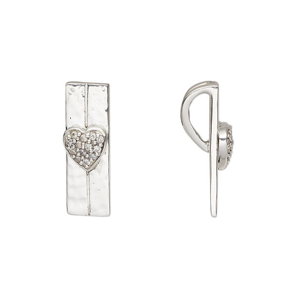 Pendant, cubic zirconia and sterling silver, clear, 20x7mm single-sided hammered rectangle with heart and hidden bail. Sold individually. image number 0