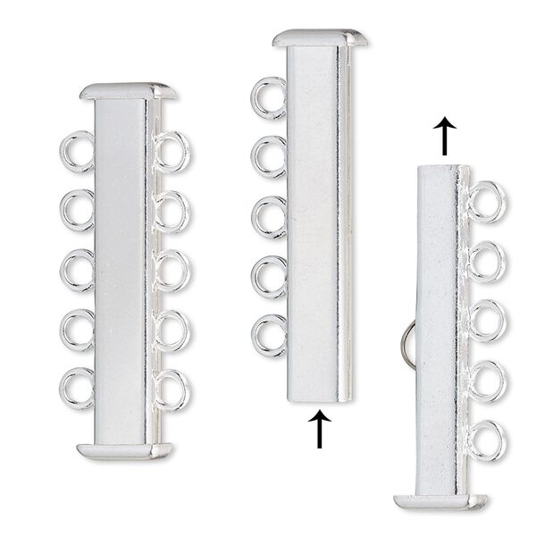 Clasp, 5-strand slide lock, silver-plated brass, 31x7mm rectangle tube. Sold per pkg of 4. image number 0