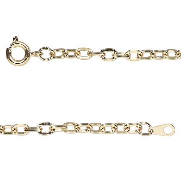 Chain, gold-finished steel, 3.1mm flat cable, 18 inches with springring clasp. Sold individually. image number 0