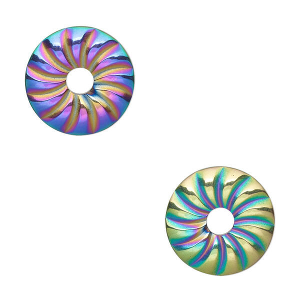 Component, electroplated Hemalyke™ (man-made), rainbow, 16mm corrugated donut. Sold per pkg of 2. image number 0
