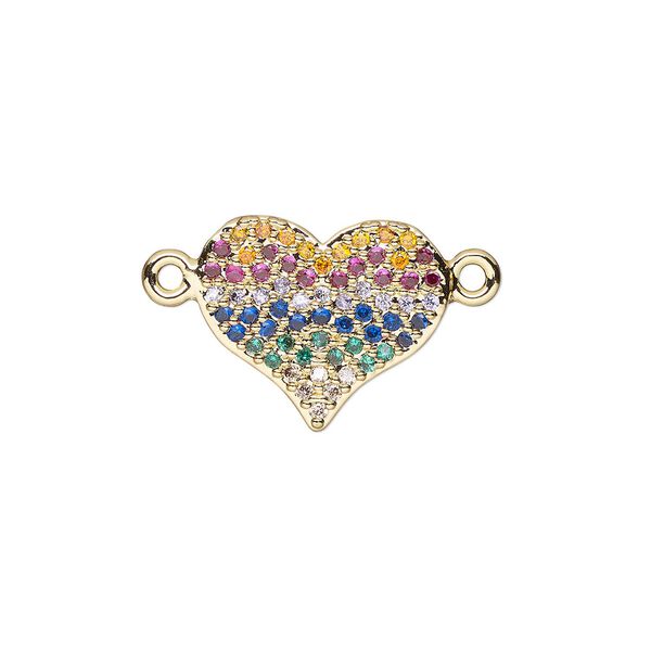 Link, cubic zirconia and gold-finished brass, multicolored, 14.5x12mm single-sided heart. Sold individually. image number 0