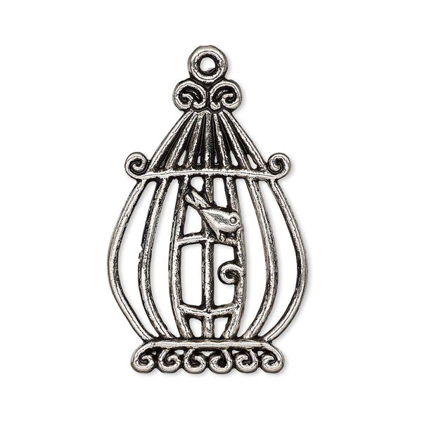 Focal, antiqued silver-finished "pewter" (zinc-based alloy), 31x21mm single-sided bird in cage. Sold per pkg of 4. image number 0
