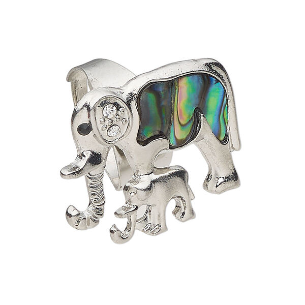 Ring 1pkg1 brass / paua shell / glass rhinestone, 30x25mm elephant / baby, natural silver finish / black / clear image number 0