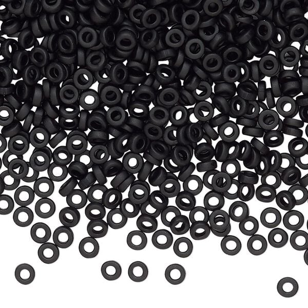 Seed bead, Miyuki, glass, pkg/10g, 3x1.3mm spacer rondelle, opaque matte black, (SPR3-401F). image number 0