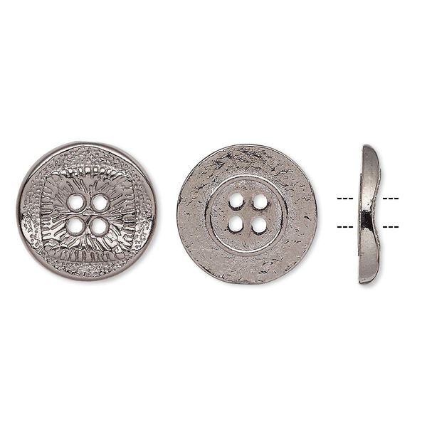 Button, gunmetal-finished "pewter" (zinc-based alloy), 15mm single-sided wavy flat round with textured square design. Sold per pkg of 20. image number 0