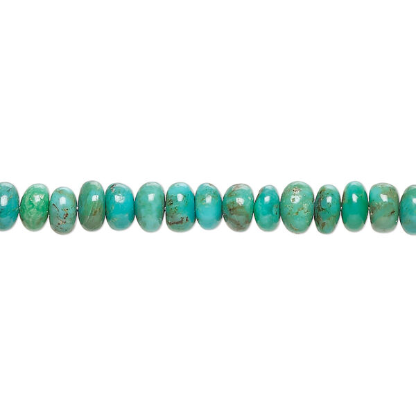 Bead, turquoise (dyed / stabilized), blue-green, 5x3mm-6x4mm hand-cut rondelle, B grade, Mohs hardness 5 to 6. Sold per 8-inch strand, approximately 60 beads. image number 0