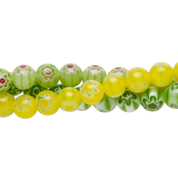 Bead, millefiori glass, translucent yellow and multicolored, 6mm round. Sold per pkg of (3) 14-inch strands. image number 0