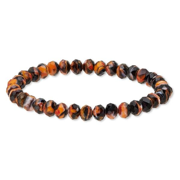 Bracelet, stretch, glass, opaque black and orange, 8x6mm faceted rondelle, 7-1/2 inches. Sold individually. image number 0
