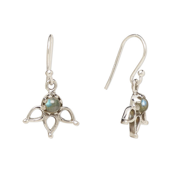 Ear wire, Create Compliments®, antiqued sterling silver and labradorite (natural), fishhook, 27mm with 14.5 x 12.5mm single-sided open 3-teardrop, 21 gauge. Sold per pair. image number 0