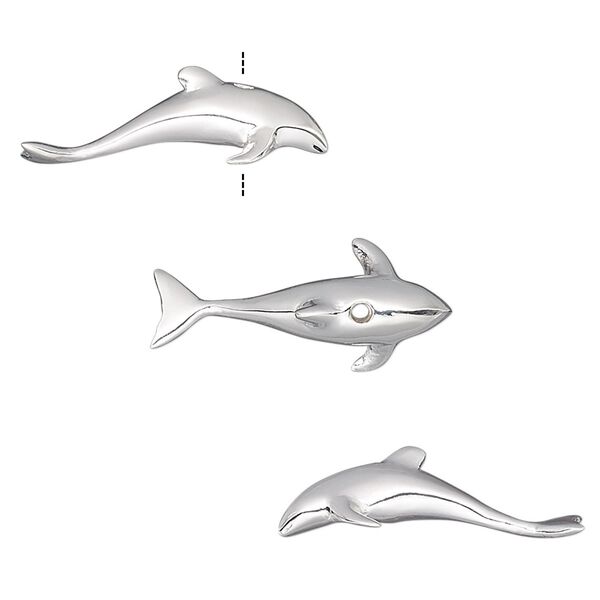 Bead, silver-plated brass, 22x6.5mm vertically-drilled 3D dolphin. Sold individually. image number 0