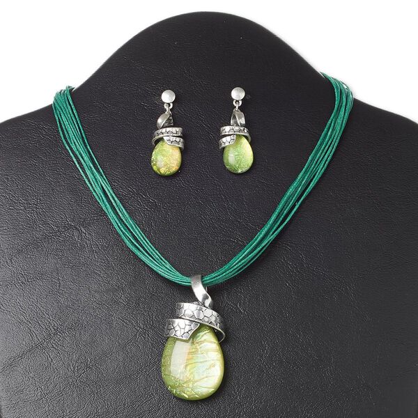 Necklace and earring set, multi-strand, resin / waxed cotton cord / antique silver-plated "pewter" (zinc-based alloy) and steel, green, 57x28mm teardrop, 16 inches with 3-inch extender chain and lobster claw clasp, 1-5/8 inch earrings with post. Sold per set. image number 0