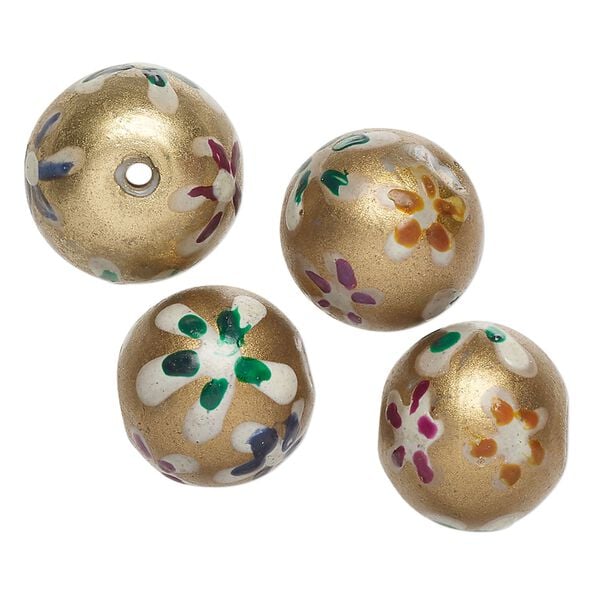 Bead, lampworked glass, opaque multicolored, 15-13mm round with painted flower design. Sold per pkg of 4. image number 0