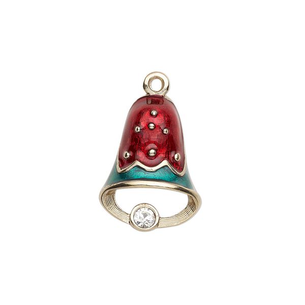 Charm, enamel / crystals / gold-finished "pewter" (zinc-based alloy), red / green / crystal clear, 20x15mm left- and right-facing single-sided bell. Sold per pkg of 2. image number 0