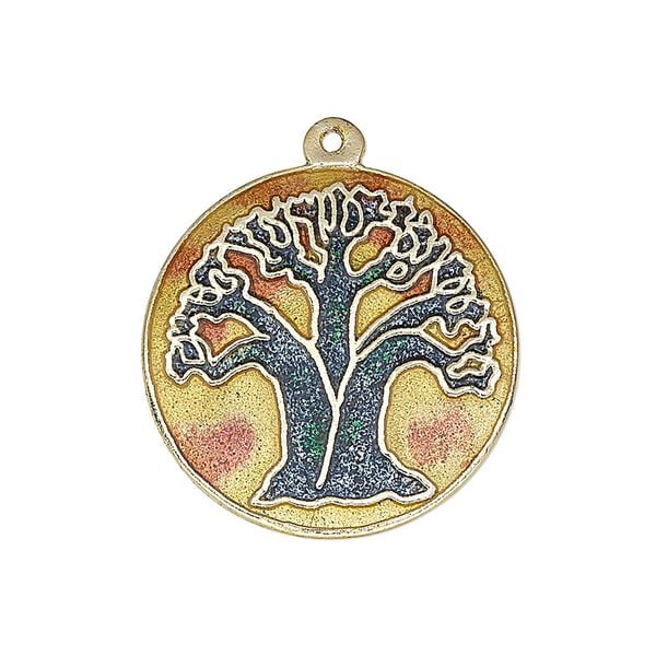 Drop, enamel and gold-finished brass, multicolored, 25-26mm single-sided flat round with tree of life design. Sold per pkg of 2. image number 0