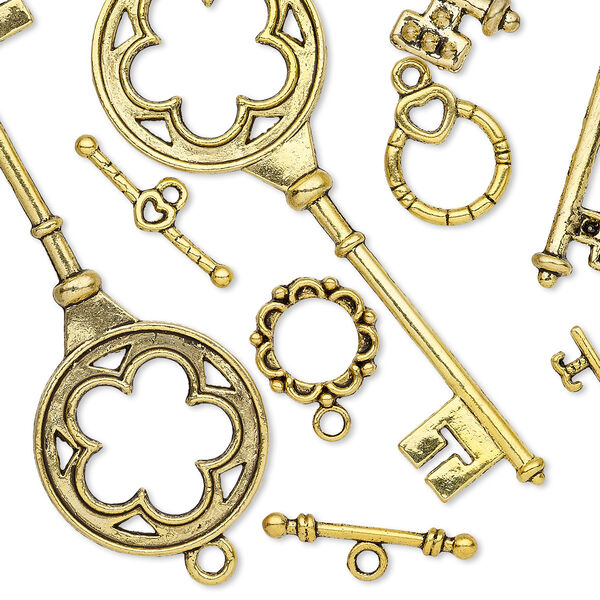 Component, antiqued gold-finished "pewter" (zinc-based alloy), 14.5mm-73x26mm assorted key and toggle clasp. Sold per pkg of 10. image number 0